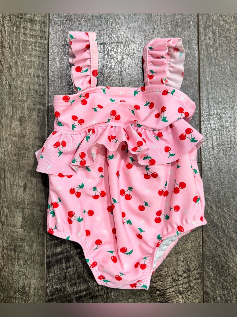Pink Cherry Print Baby Girl Swimsuit with Ruffles 3-6m